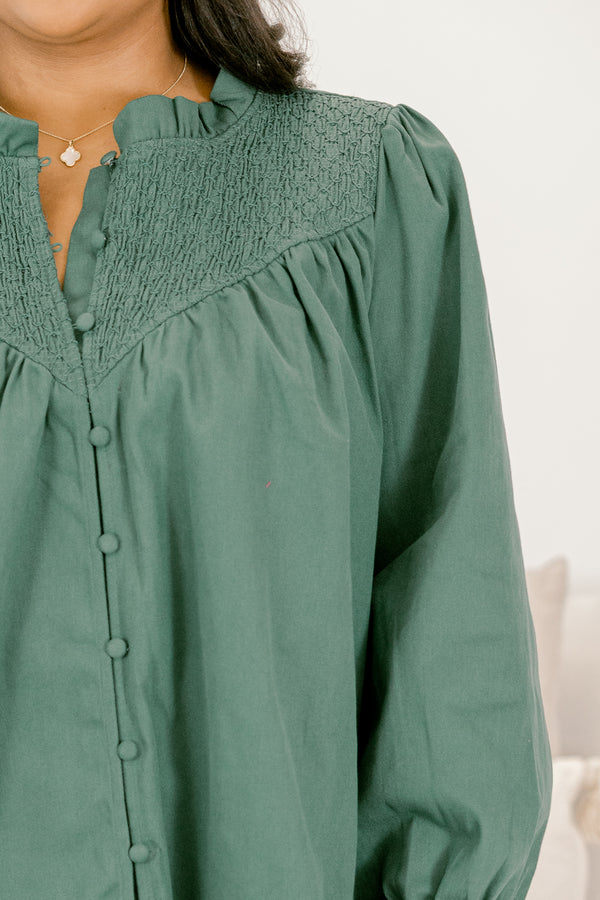 Chic Soul plus size clothing, green dress with long sleeves and button details down the front