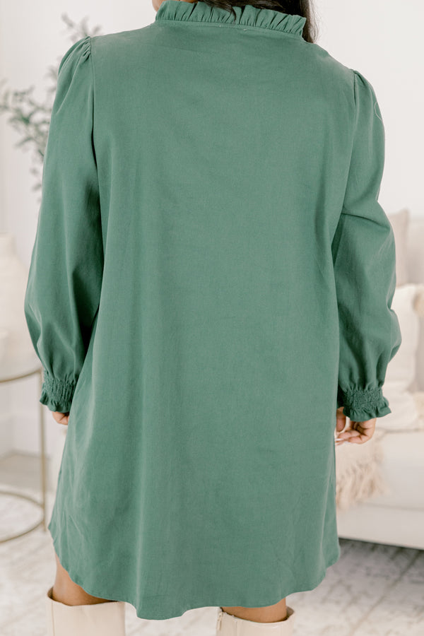 Chic Soul plus size clothing, green dress with long sleeves and button details down the front