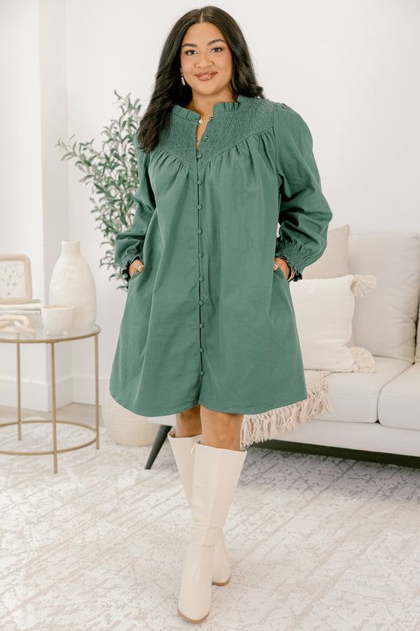 Chic Soul plus size clothing, green dress with long sleeves and button details down the front