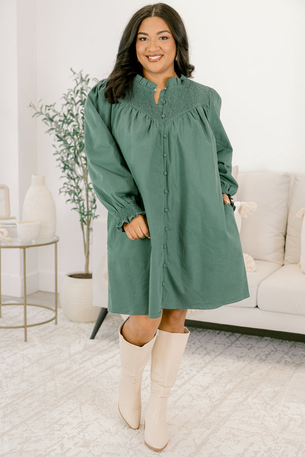 Chic Soul plus size clothing, green dress with long sleeves and button details down the front
