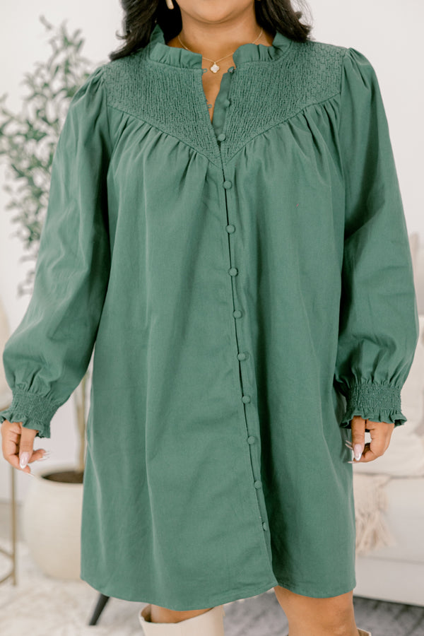 Chic Soul plus size clothing, green dress with long sleeves and button details down the front