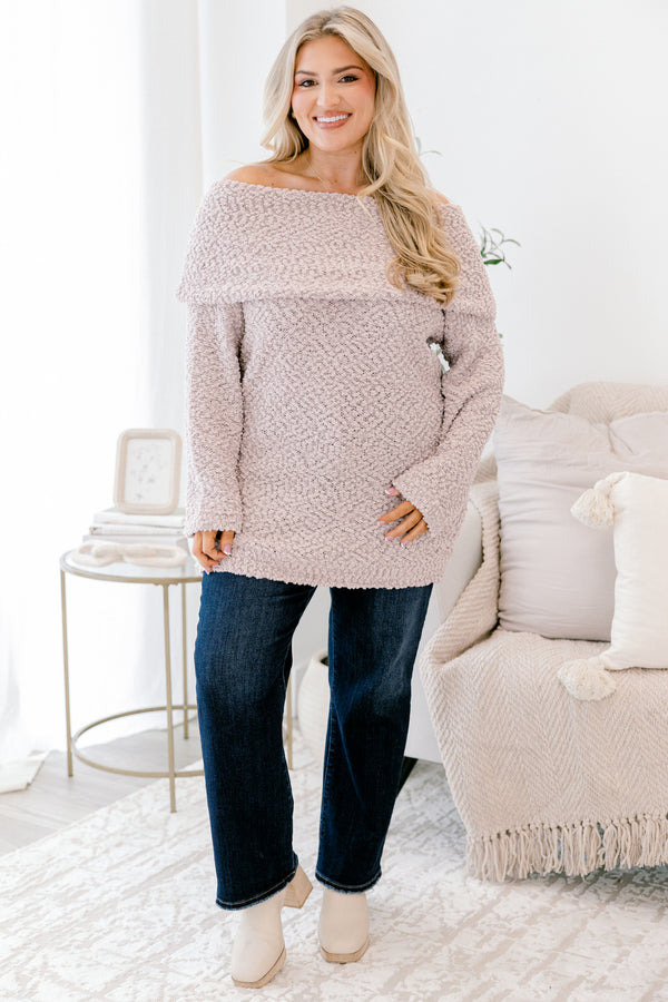 Chic Soul plus size clothing light mauve long sleeve fuzzy off the shoulder sweater