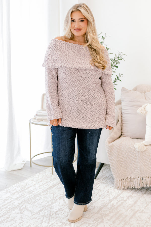 Chic Soul plus size clothing light mauve long sleeve fuzzy off the shoulder sweater