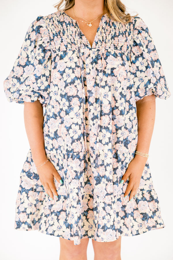 Chic Soul plus size clothing, short-puffed-sleeve blue baby doll dress with a v-neckline and ivory floral pattern