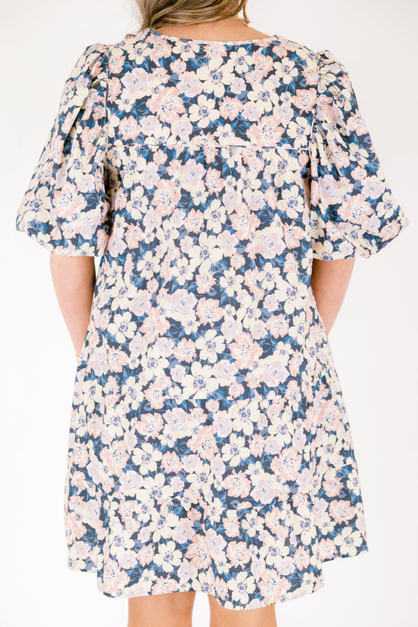 Chic Soul plus size clothing, short-puffed-sleeve blue baby doll dress with a v-neckline and ivory floral pattern