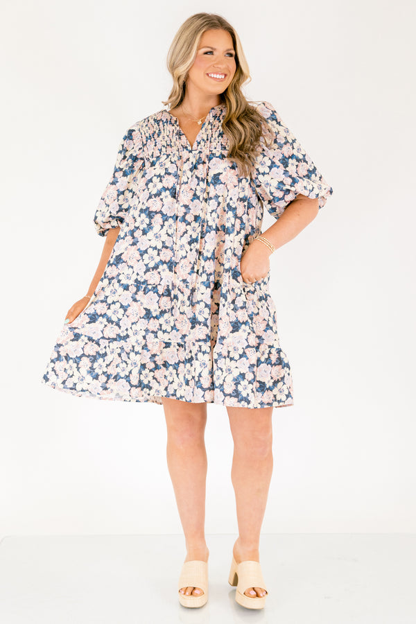 Chic Soul plus size clothing, short-puffed-sleeve blue baby doll dress with a v-neckline and ivory floral pattern