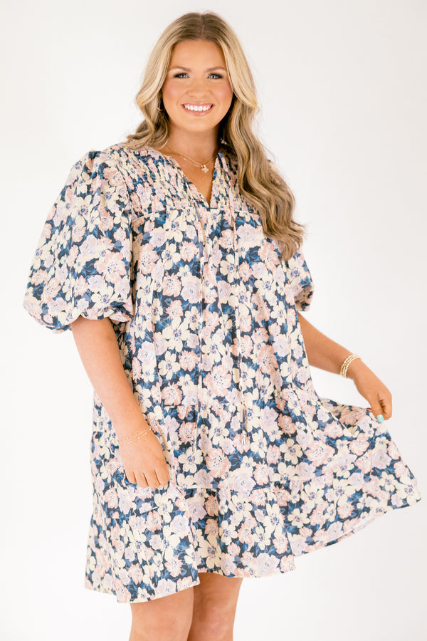 Chic Soul plus size clothing, short-puffed-sleeve blue baby doll dress with a v-neckline and ivory floral pattern