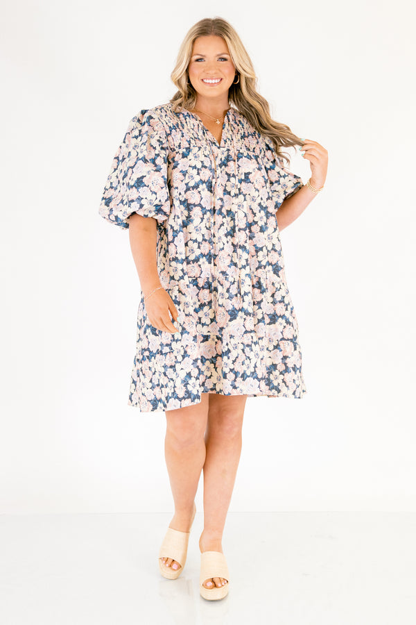 Chic Soul plus size clothing, short-puffed-sleeve blue baby doll dress with a v-neckline and ivory floral pattern
