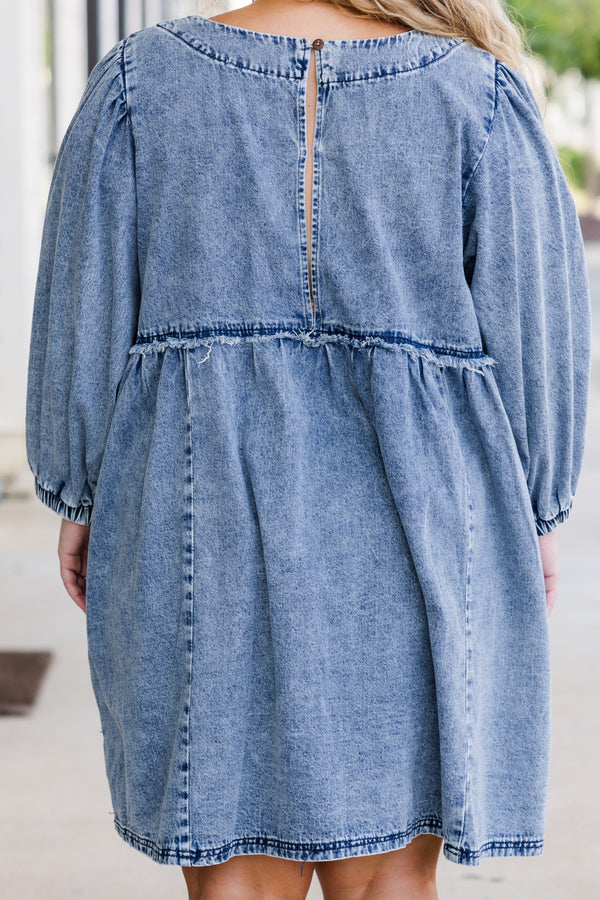 Chic Soul plus size clothing, puffed quarter-sleeve denim medium-wash baby doll dress with scoop-neckline