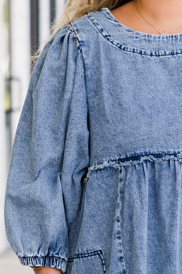 Chic Soul plus size clothing, puffed quarter-sleeve denim medium-wash baby doll dress with scoop-neckline