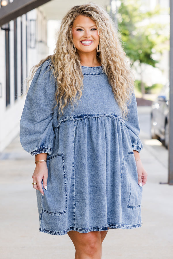 Chic Soul plus size clothing, puffed quarter-sleeve denim medium-wash baby doll dress with scoop-neckline