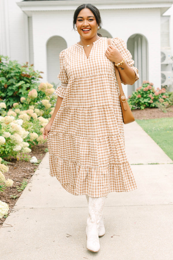 Plus size clothing, brown gingham midi dress with tiered skirt and mini bell sleeves