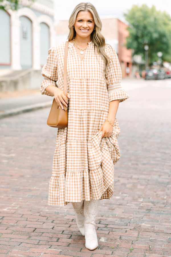 Plus size clothing, brown gingham midi dress with tiered skirt and mini bell sleeves
