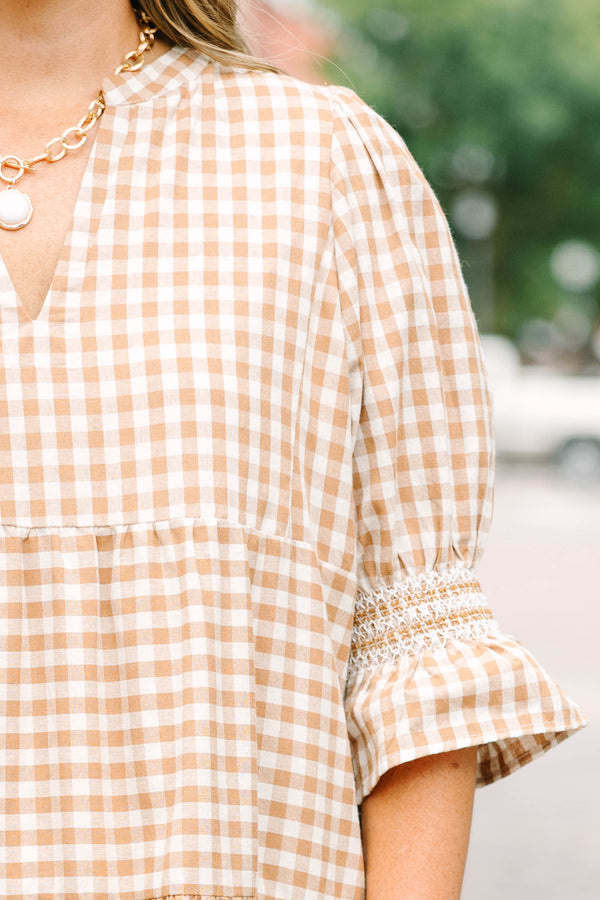 Plus size clothing, brown gingham midi dress with tiered skirt and mini bell sleeves