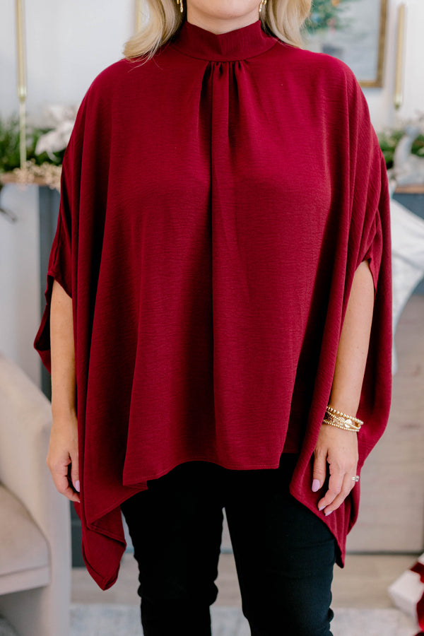 Chic Soul plus size clothing, burgundy red high neck flowy dolman sleeve top
