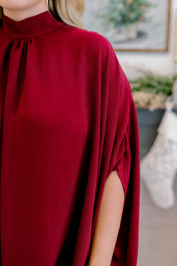 Chic Soul plus size clothing, burgundy red high neck flowy dolman sleeve top
