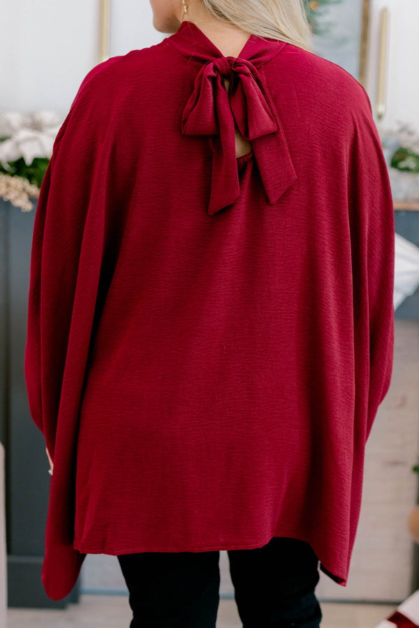 Chic Soul plus size clothing, burgundy red high neck flowy dolman sleeve top
