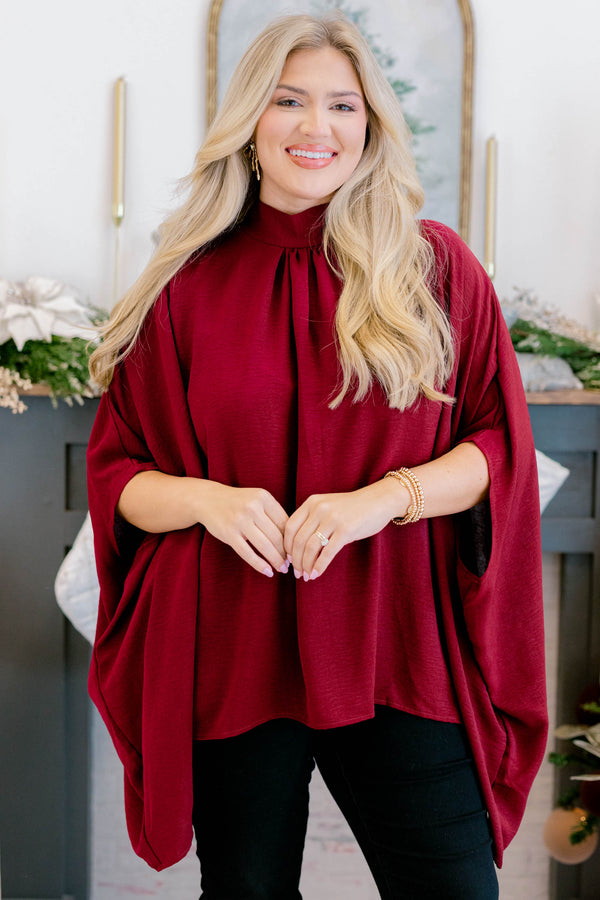 Chic Soul plus size clothing, burgundy red high neck flowy dolman sleeve top
