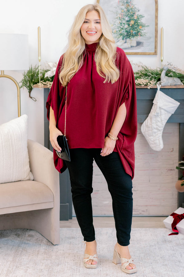 Chic Soul plus size clothing, burgundy red high neck flowy dolman sleeve top
