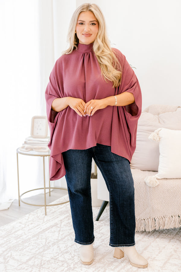 Chic Soul plus size clothing, dark mauve high neck short sleeve bat wing tunic top