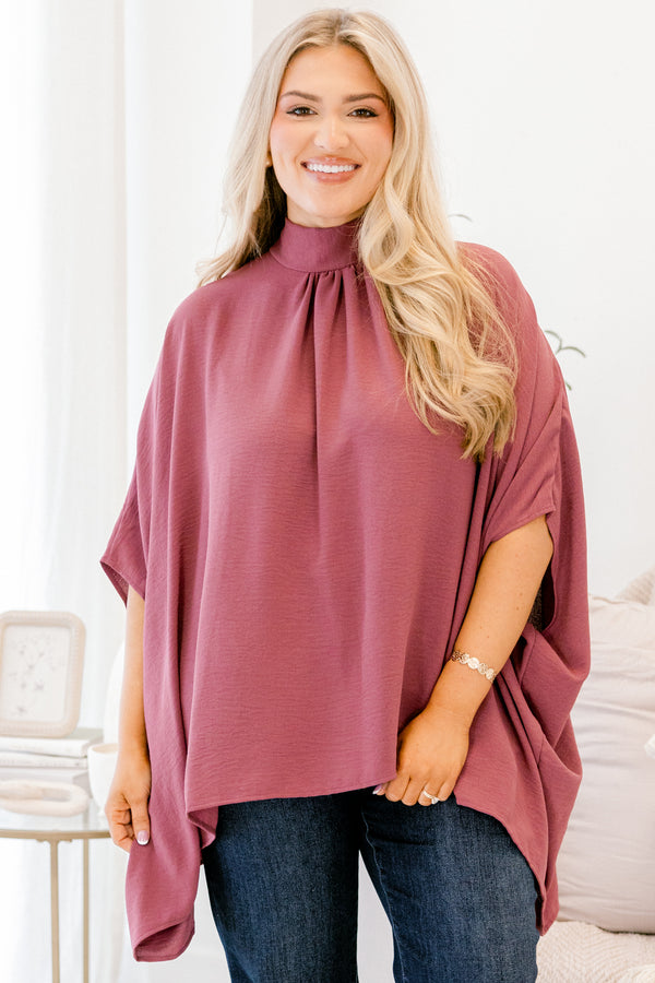 Chic Soul plus size clothing, dark mauve high neck short sleeve bat wing tunic top