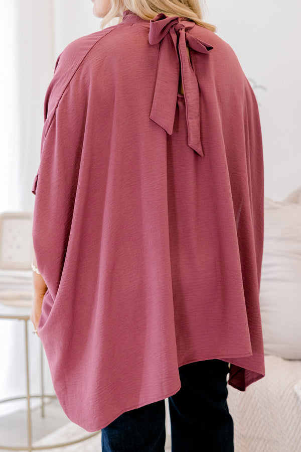 Chic Soul plus size clothing, dark mauve high neck short sleeve bat wing tunic top