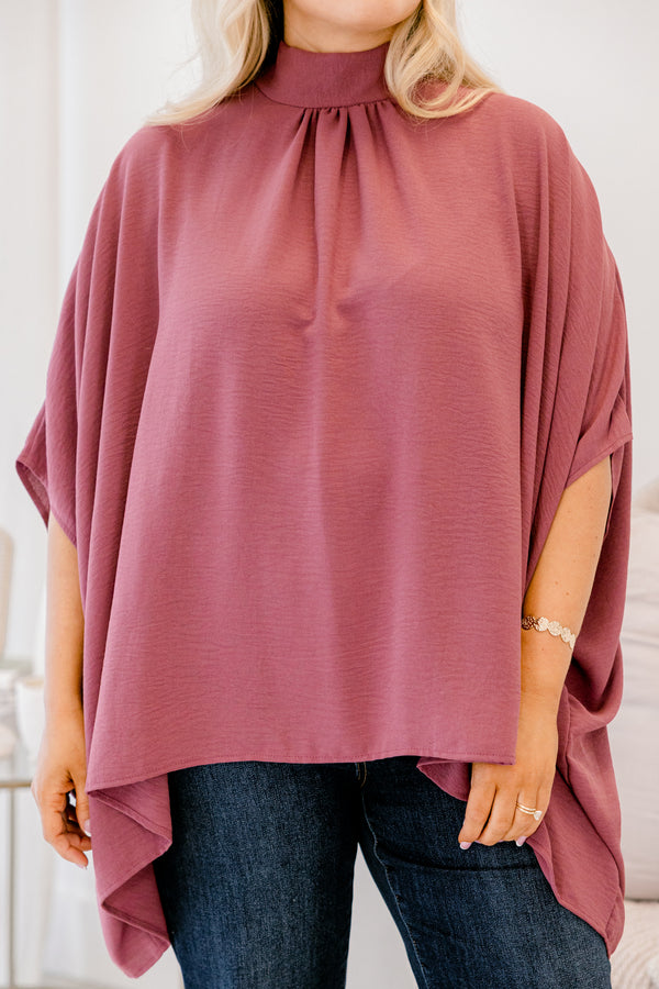 Chic Soul plus size clothing, dark mauve high neck short sleeve bat wing tunic top