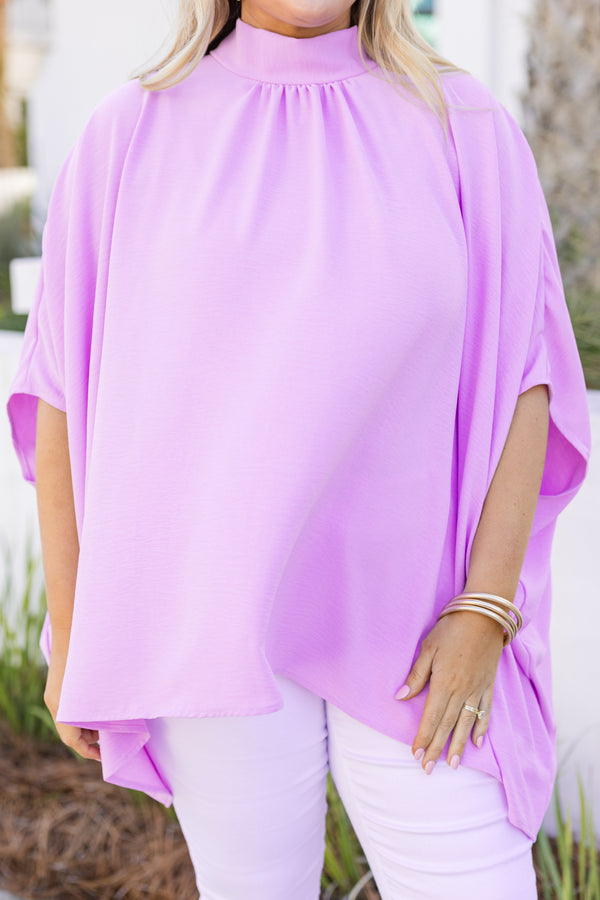 Chic Soul plus size clothing, lilac flowy high neck top with short sleeves 