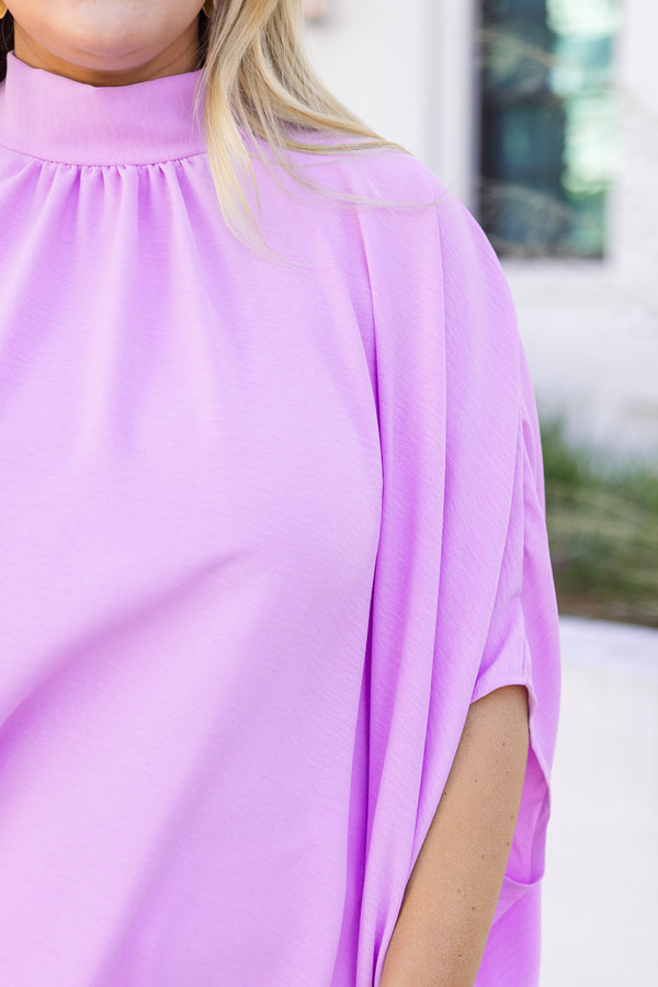 Chic Soul plus size clothing, lilac flowy high neck top with short sleeves 