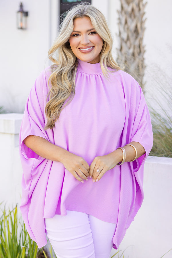 Chic Soul plus size clothing, lilac flowy high neck top with short sleeves 