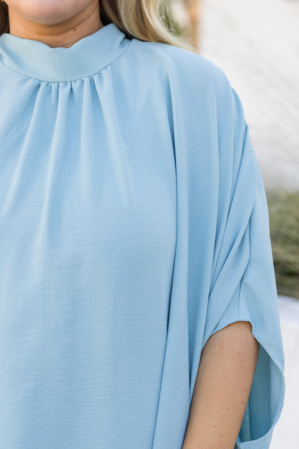 Chic Soul plus size clothing, mint short sleeve silk flowy top with a high neckline 