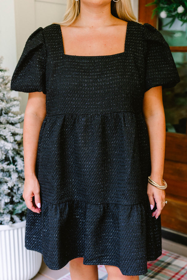 Chic Soul plus size clothing, black shimmery tweed short puff sleeve tiered dress 