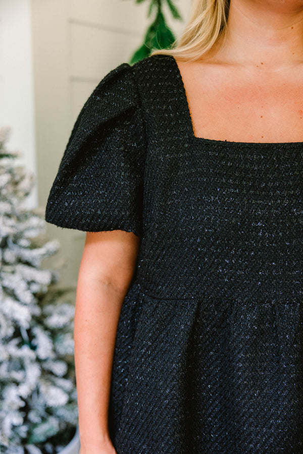 Chic Soul plus size clothing, black shimmery tweed short puff sleeve tiered dress 