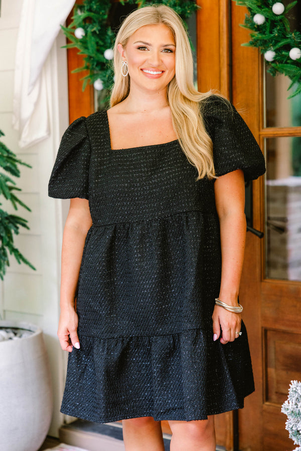 Chic Soul plus size clothing, black shimmery tweed short puff sleeve tiered dress 