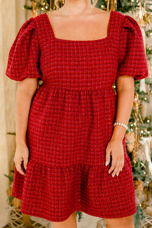 Chic Soul plus size clothing, wine red short puff sleeve square neck short dress with tweed print