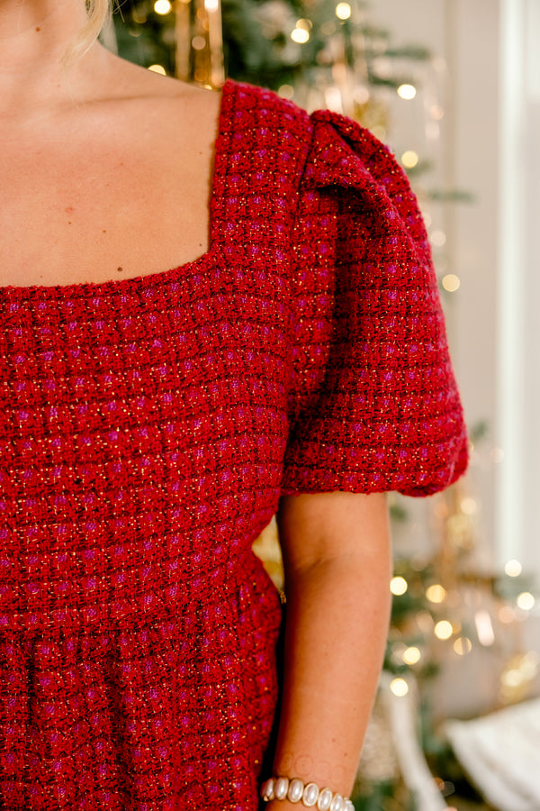 Chic Soul plus size clothing, wine red short puff sleeve square neck short dress with tweed print