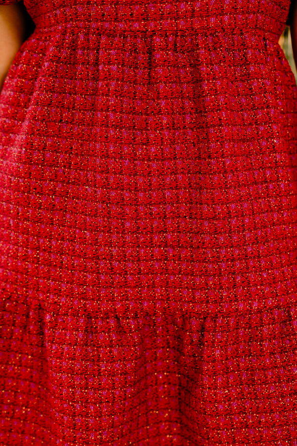 Chic Soul plus size clothing, wine red short puff sleeve square neck short dress with tweed print