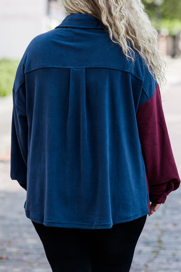 Chic Soul plus size clothing, long-sleeve collared blue and burgundy color-block jacket with silver button detailing 