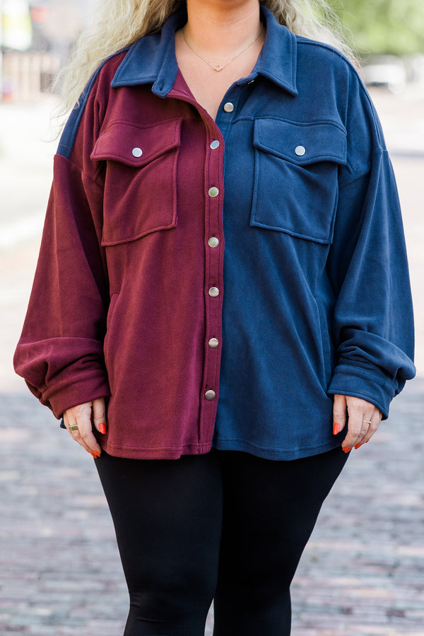 Chic Soul plus size clothing, long-sleeve collared blue and burgundy color-block jacket with silver button detailing 