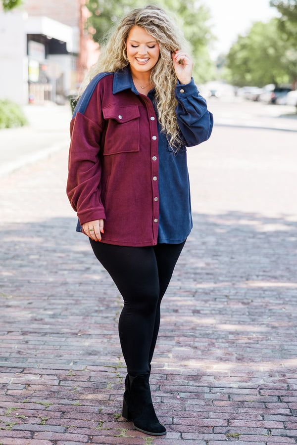 Chic Soul plus size clothing, long-sleeve collared blue and burgundy color-block jacket with silver button detailing 