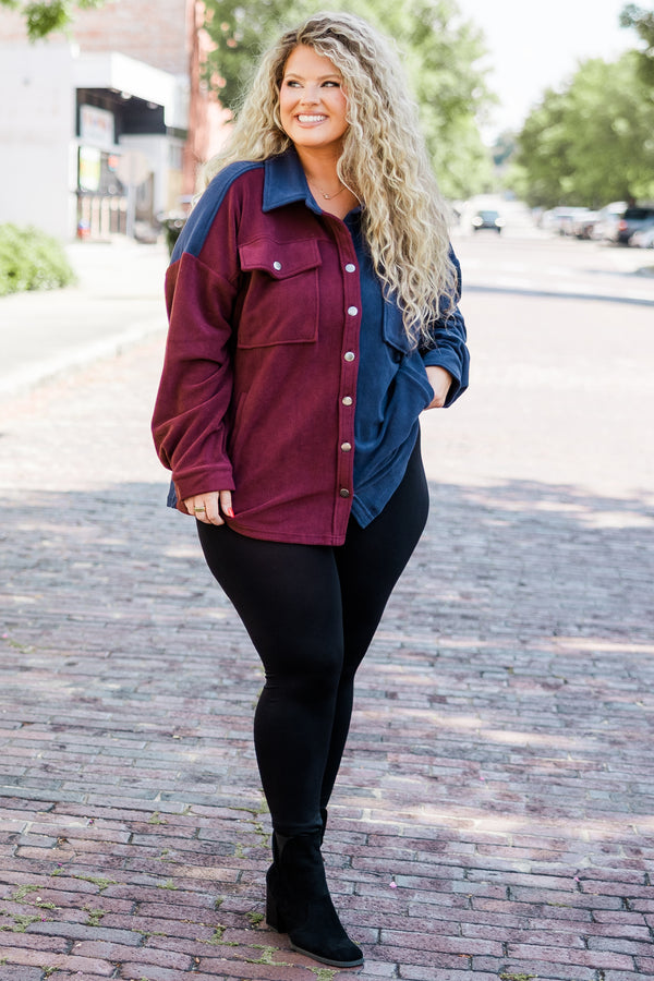 Chic Soul plus size clothing, long-sleeve collared blue and burgundy color-block jacket with silver button detailing 
