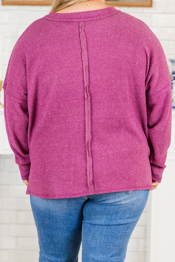 Chic Soul plus size clothing, light plum long sleeve ribbed knit sweater with round neckline with chest pocket