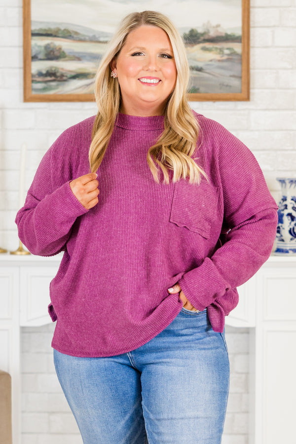 Chic Soul plus size clothing, light plum long sleeve ribbed knit sweater with round neckline with chest pocket