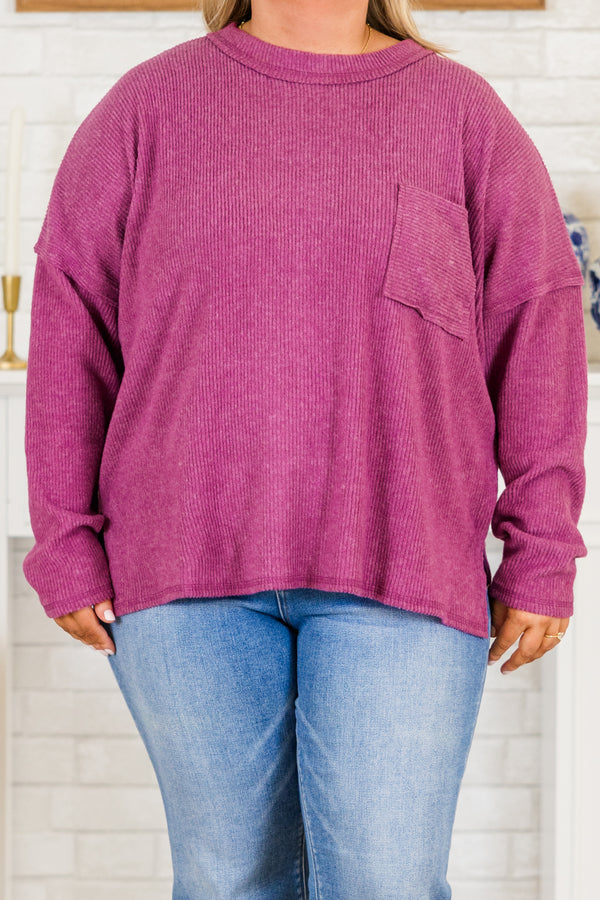 Chic Soul plus size clothing, light plum long sleeve ribbed knit sweater with round neckline with chest pocket