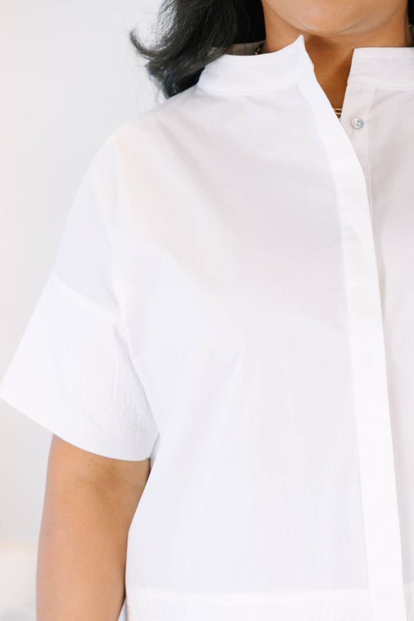 Plus Size white short-sleeve button-down top with a stand collar and striped blue and white shorts.