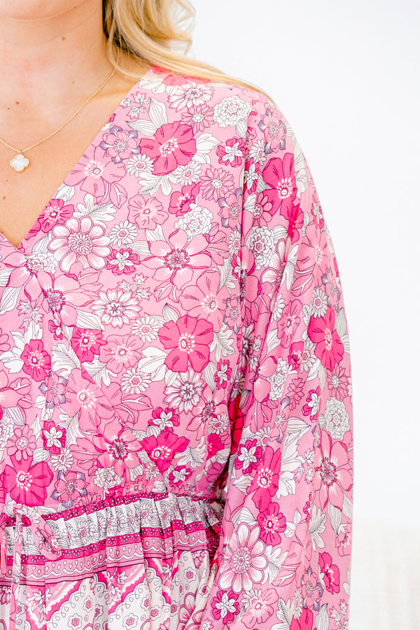 Chic Soul plus size clothing, pink long sleeve floral Aztec print top with v neckline with tie cinched waist detail with cuff sleeves