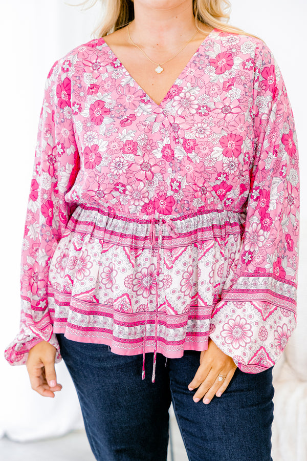 Chic Soul plus size clothing, pink long sleeve floral Aztec print top with v neckline with tie cinched waist detail with cuff sleeves