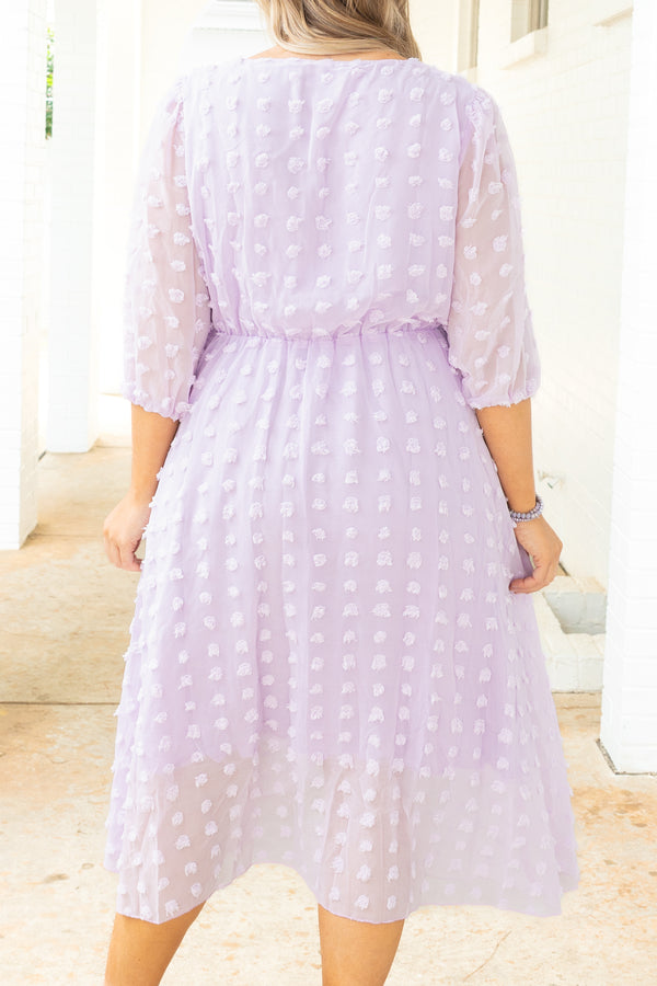 Chic Soul plus size clothing, lavender swiss dotted babydoll midi dress with sheer bubble sleeves