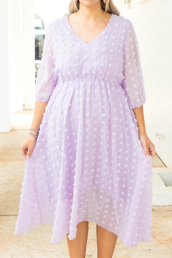 Chic Soul plus size clothing, lavender swiss dotted babydoll midi dress with sheer bubble sleeves