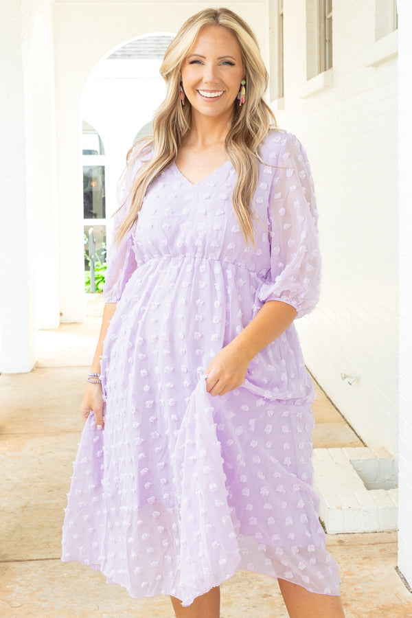Chic Soul plus size clothing, lavender swiss dotted babydoll midi dress with sheer bubble sleeves